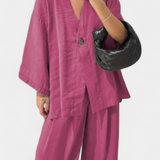 Eli set oversized cu top cu decolteu în V și pantaloni drepți