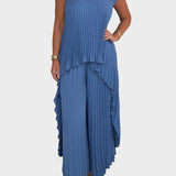 Leta™ - Salopetă cu Falduri, Mâneci Scurte și Lungime Midi Neregulată, Pantaloni cu Bază Largă și Talie Elastică