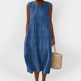 Rochie din Bumbac Stilată fără Mâneci cu Buzunare
