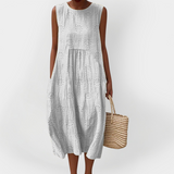 Rochie din Bumbac Stilată fără Mâneci cu Buzunare
