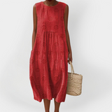 Rochie din Bumbac Stilată fără Mâneci cu Buzunare