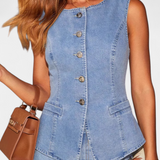 Compleu din denim Ludovica cu sacou mulat și pantaloni largi