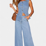 Compleu din denim Ludovica cu sacou mulat și pantaloni largi