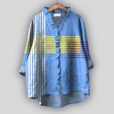 Saulė™ - Bluza albastră din in cu volane și detalii în dungi