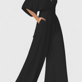 Isaura Mono Elegant cu Pantaloni Largi și Decupaj în Formă de V