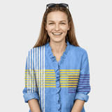 Saulė™ - Bluza albastră din in cu volane și detalii în dungi