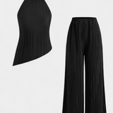 Pilarica Set Plisat cu Top Asimetric și Pantaloni Fluturând
